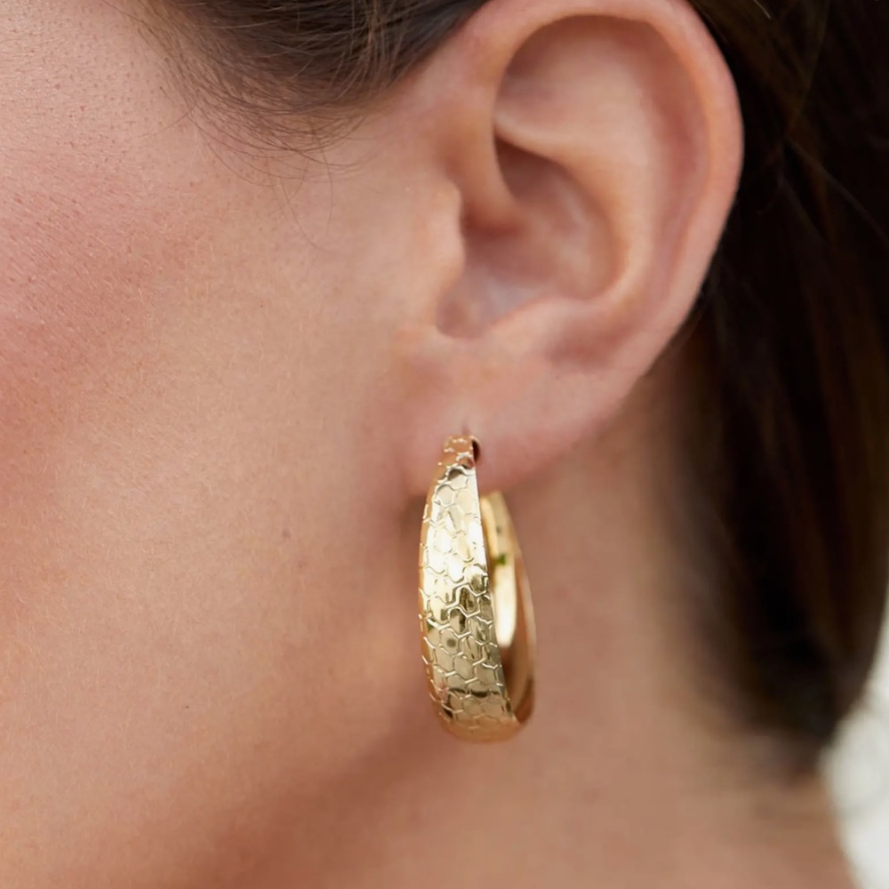 Texture Embossed Ribbon Gold Plated Hoop Earrings